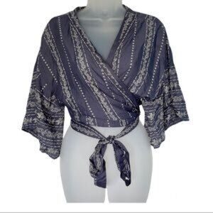 Japna Wrap Crop Top Stripe Tie Blue Gray Girly Boho size s-m